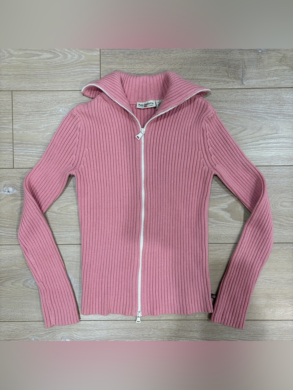 Polo Jeans Co Ralph Lauren Pink Ribbed Knit 2-Way Zip Cardigan Sweater S Y2K